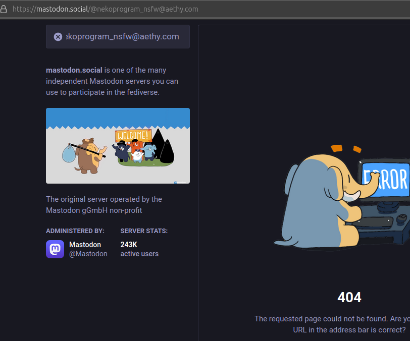 an image of mastodon.social trying to find my account in aethy.com Because aethy is suspended in mastodon.social my profile isn't show. Show an error instead